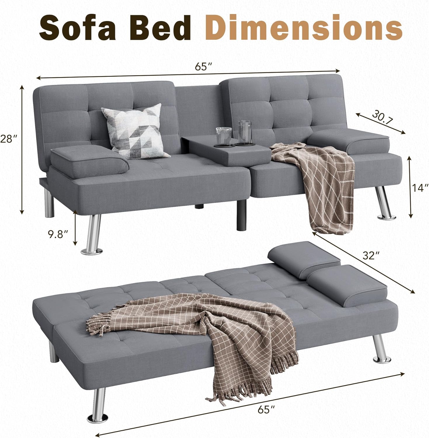 Shahoo Modern Linen Upholstered Convertible Folding Futon Sofa Bed with Removable Armrests wourant