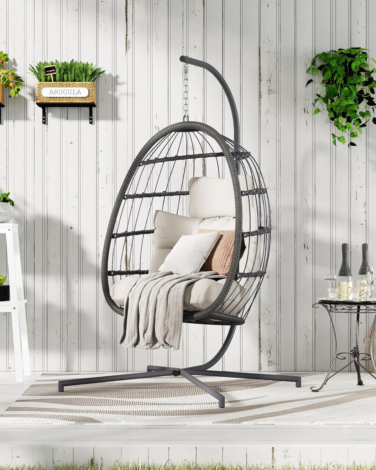 HWB Hanging Egg Chair Patio Wicker Hammock Egg Swing Chair with Cushion for Bedroom wourant