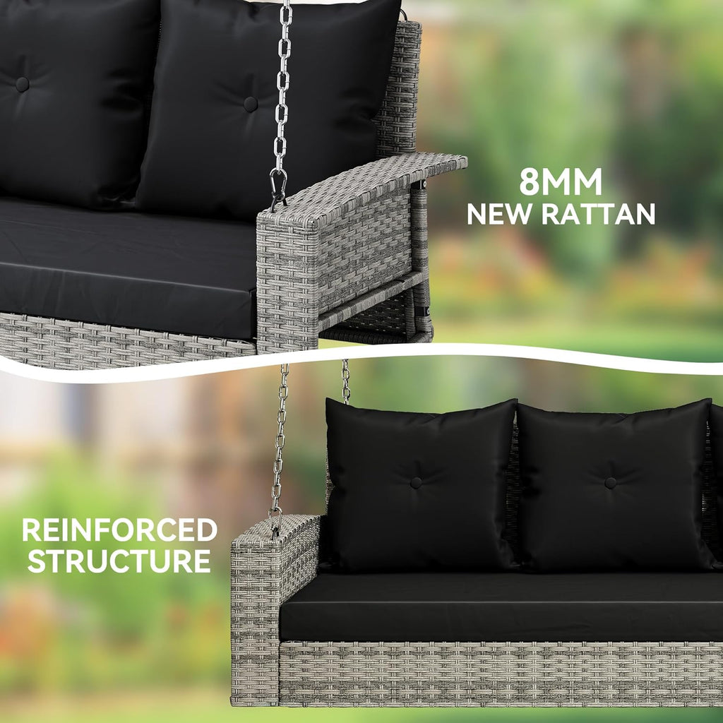 YITAHOME Hanging Porch Swing Chair Sits 3 People, Wicker Outdoor Swing Bench, Patio Lounge Chair, 1 Seating Cushion and 3 Back Cushions, w/Removable Covers, for Garden, Balcony, Backyard, Brown wourant