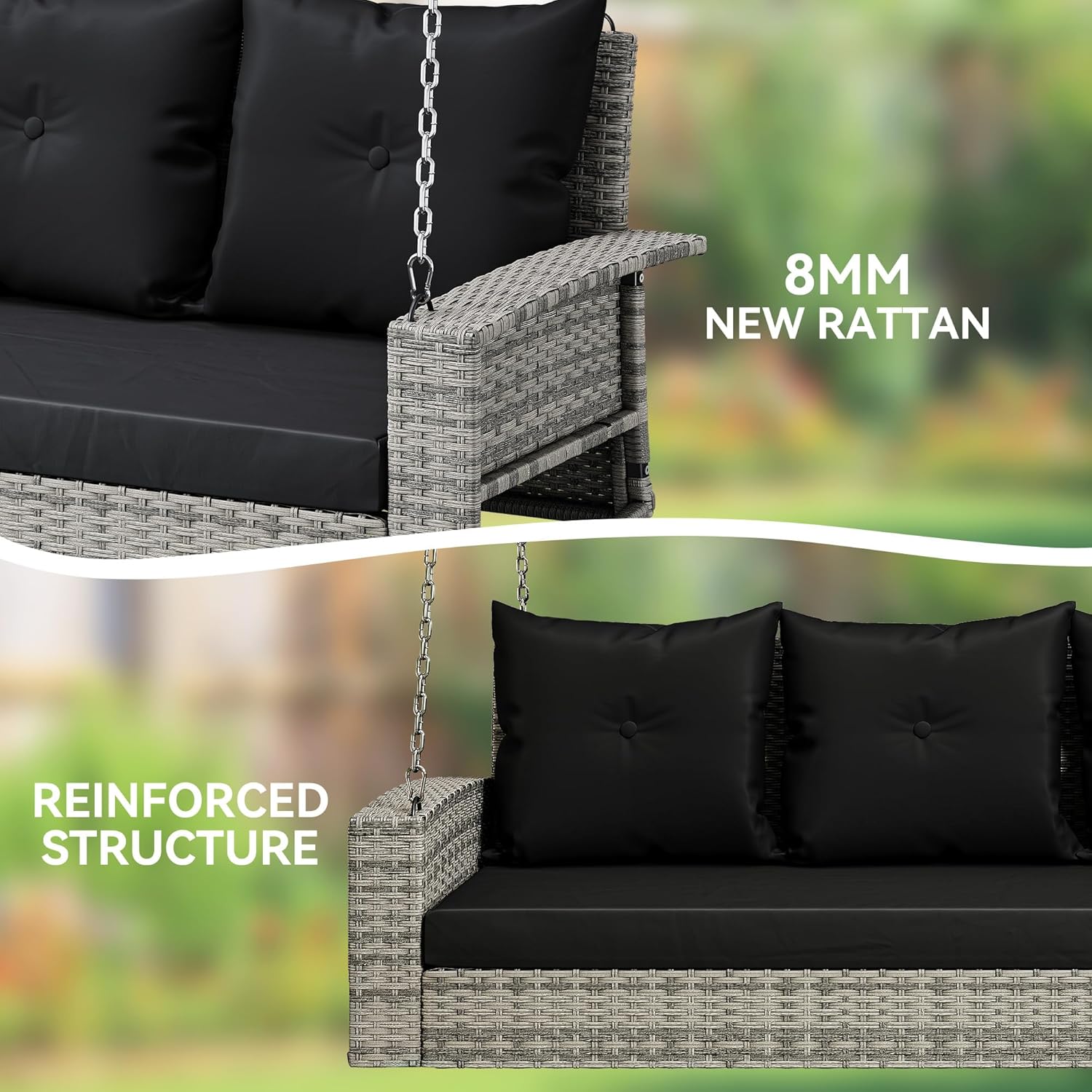 YITAHOME Hanging Porch Swing Chair Sits 3 People, Wicker Outdoor Swing Bench, Patio Lounge Chair, 1 Seating Cushion and 3 Back Cushions, w/Removable Covers, for Garden, Balcony, Backyard, Brown wourant