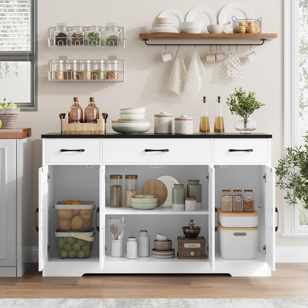 HOSTACK Buffet Cabinet with Drawers, 55" Large Sideboard Buffet Storage Cabinet with Shelves and Doors, Modern Farmhouse Coffee Bar Station Wood Kitchen Table for Kitchen, Dining Room, White/Rustic wourant