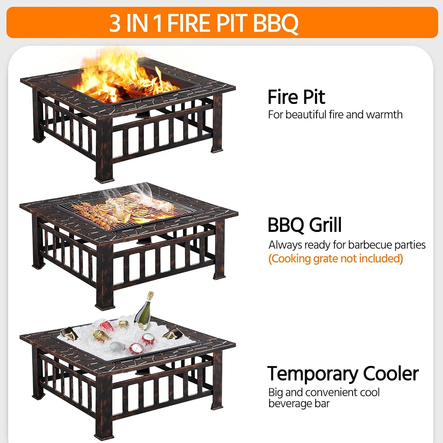 Yaheetech Multifunctional Fire Pit Table 32in Square Metal Firepit Stove Backyard Patio Garden Fireplace for Camping, Outdoor Heating, Bonfire and Picnic wourant