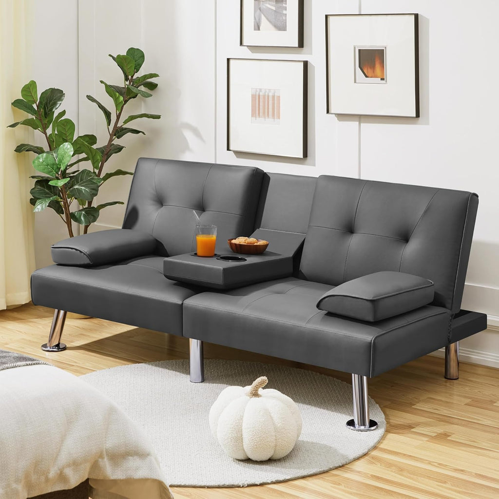 Yaheetech Convertible Sofa Bed Adjustable Couch Sleeper Modern Faux Leather Home Recliner Reversible Loveseat Folding Daybed Guest Bed, Removable Armrests, Cup Holders, 3 Angles, 772lb Capacity, Brown wourant