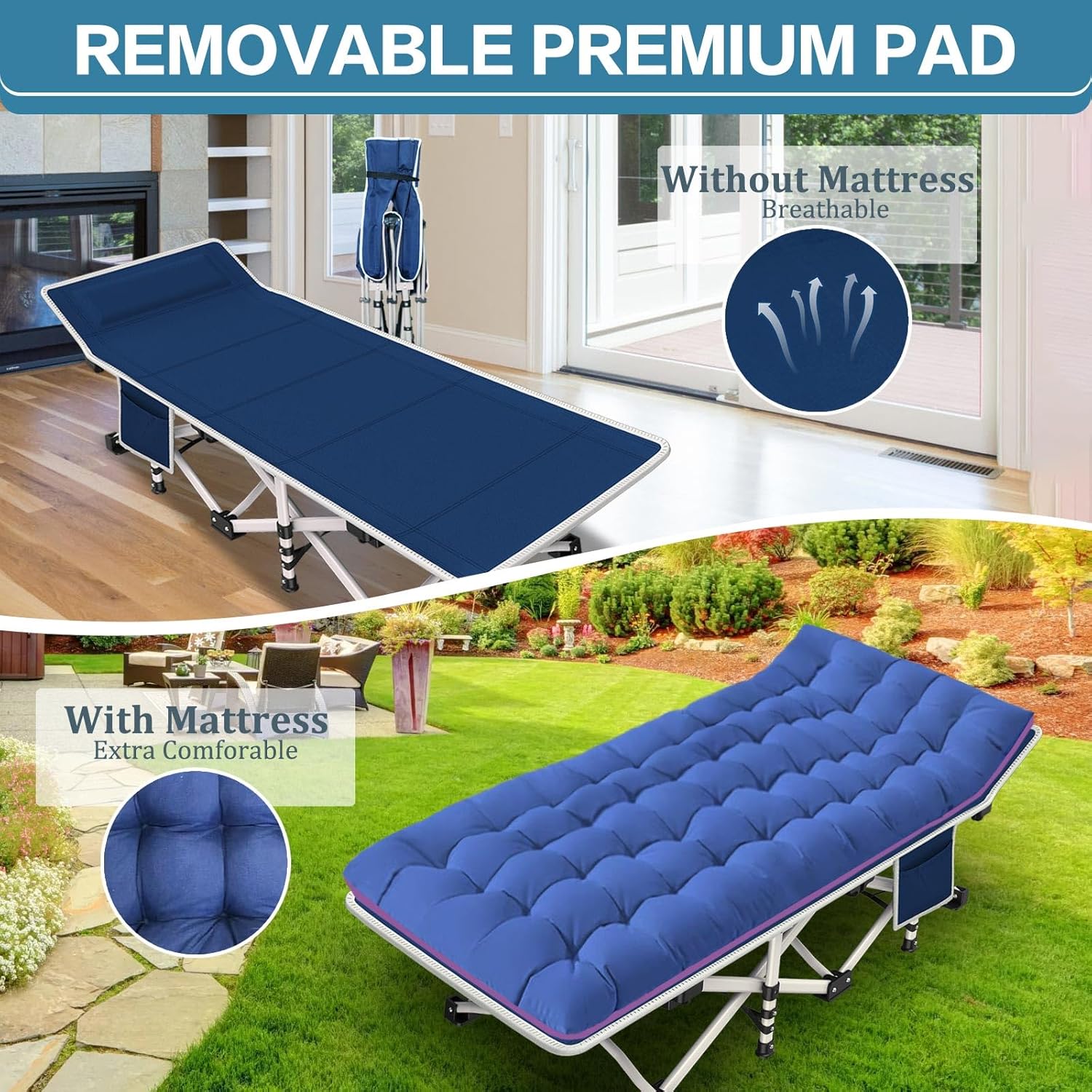 2 Pack Camping Cot with Mattress Comfortable Cot Bed Folding Cot Heavy Duty Cots for Sleeping with Carry Bag for Adults Kids Guest Bed Outdoor Indoor Home wourant