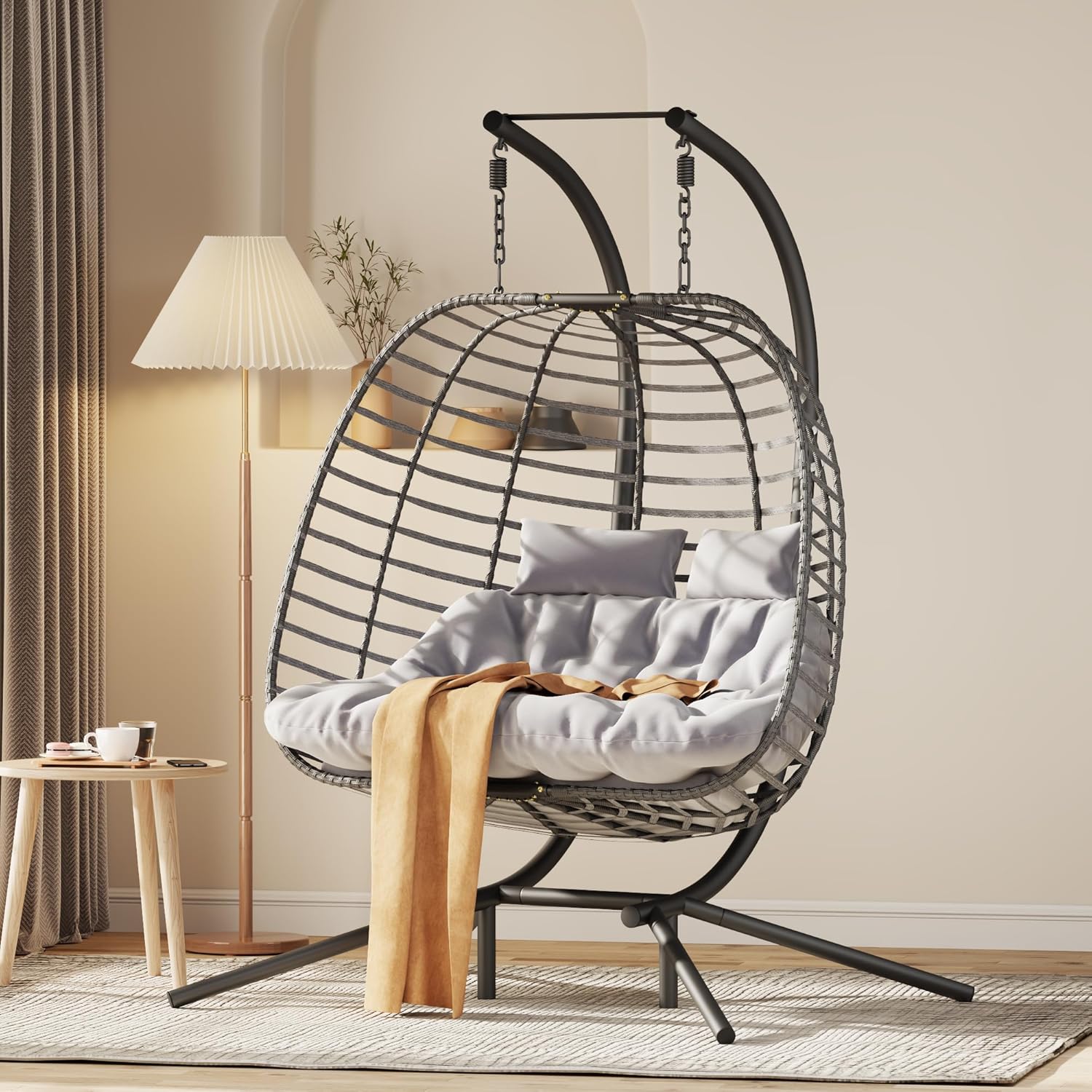 HWB Hanging Egg Chair Patio Wicker Hammock Egg Swing Chair with Cushion for Bedroom wourant