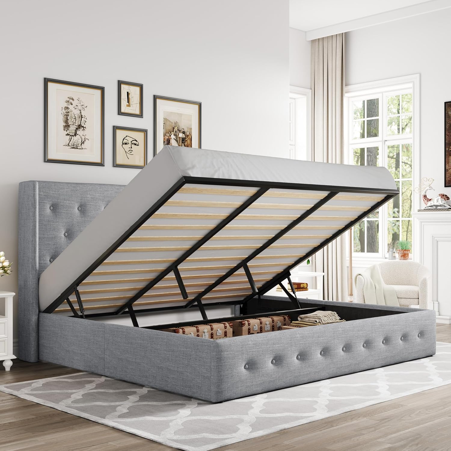 Allewie Queen Size Lift Up Storage Bed Modern Wingback Headboard Hydraulic Support wourant