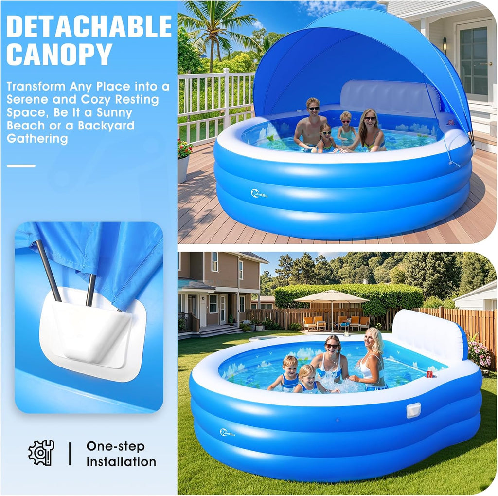 2025 Upgraded Inflatable Pool with Canopy, Inflatable Family Lounge Pool, Round Blow Up Pool for Adult with Bench & Backrest, Swim Center Easy Backyard Pools for Kids & Adults, 92"x92"x26", Blue wourant