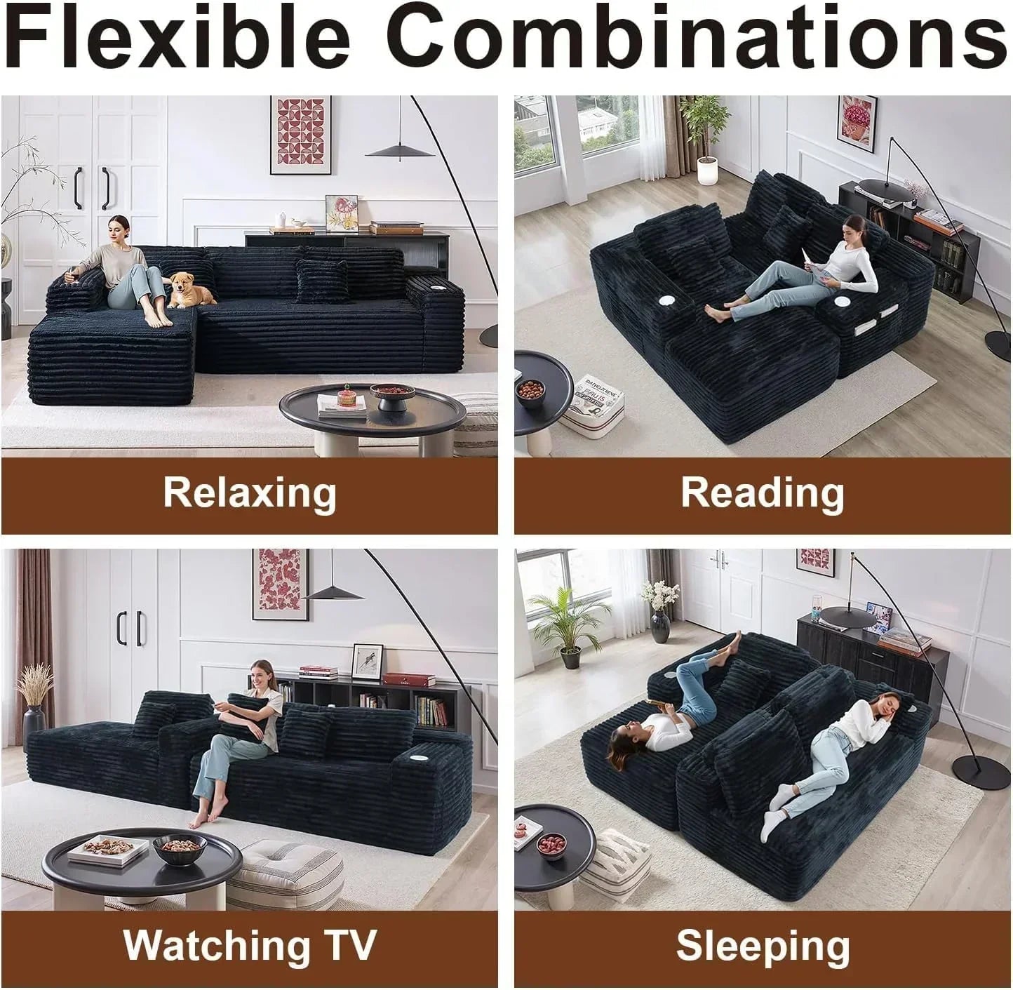Cloud section sofa with L-shaped recliner modern modular sofa built-in cup holder wourant