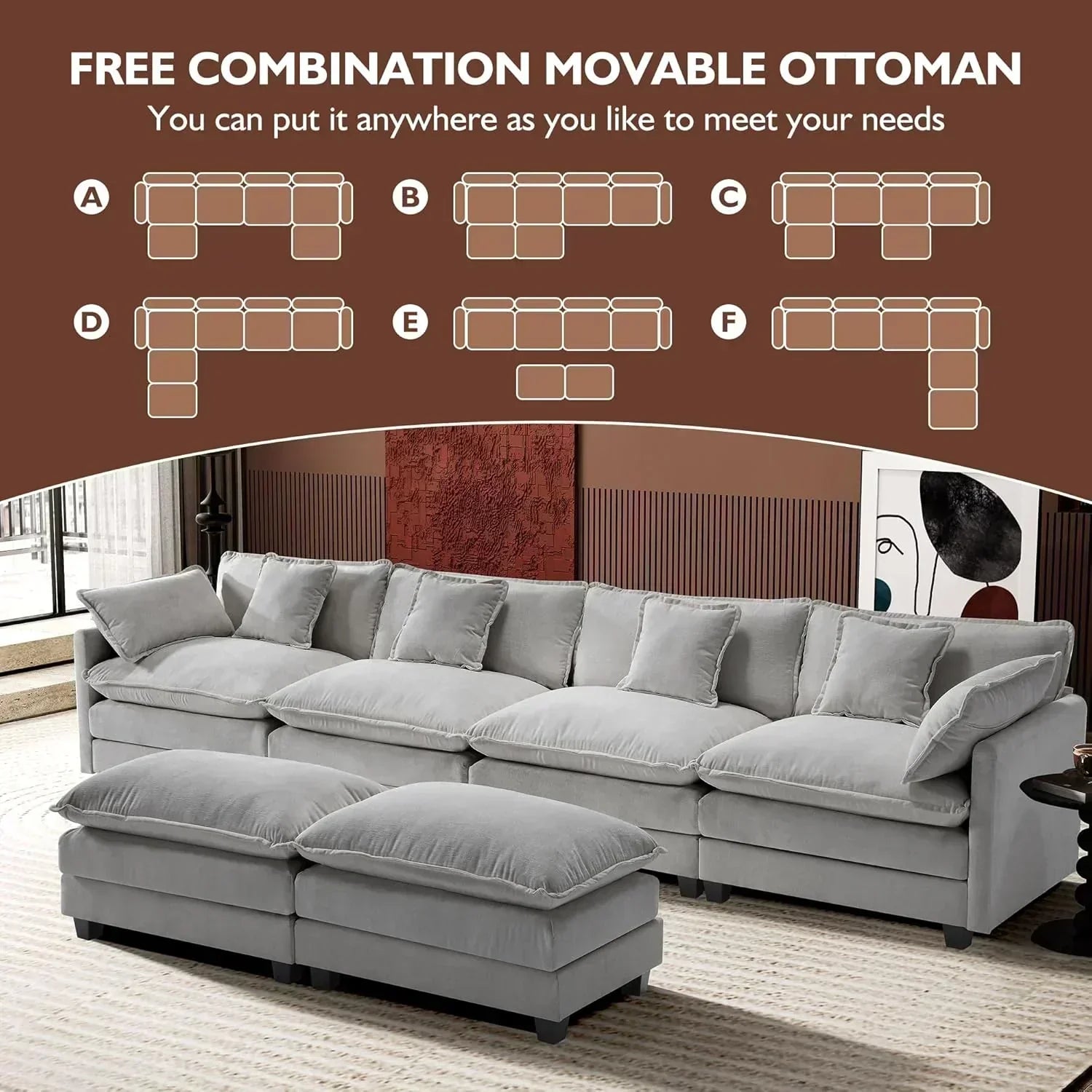 111.4 Inch L Shaped Modern Sofa Modular Cloud Sofa with Ottoman 4 Seater Chenille Deep Seat Sofa wourant