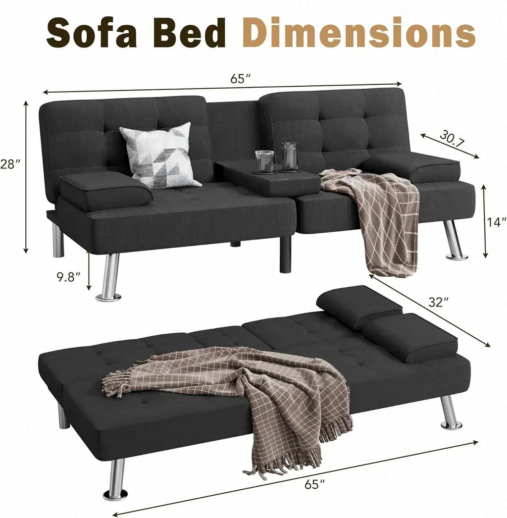 Shahoo Modern Linen Upholstered Convertible Folding Futon Sofa Bed with Removable Armrests wourant