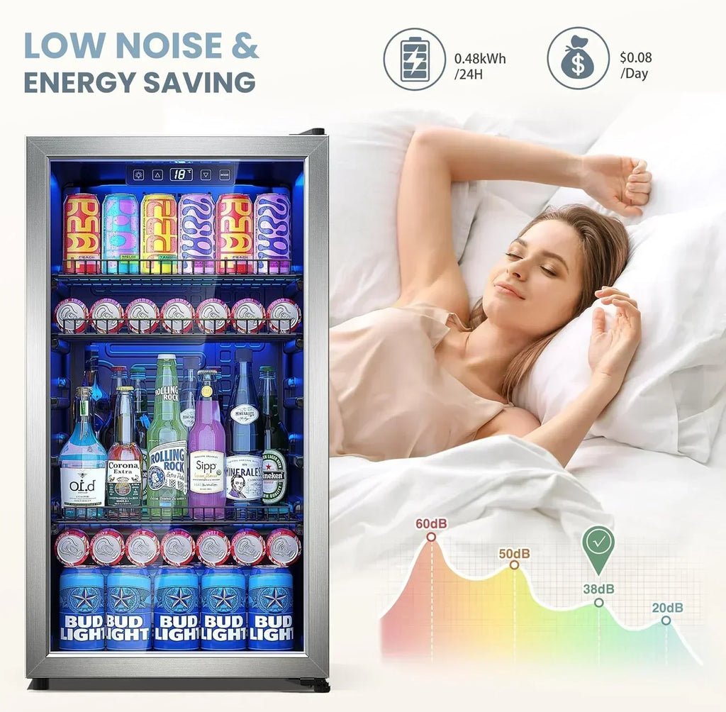 Beverage Refrigerator Cooler-120 Cans Freestanding Mini Fridge Cooler with Glass Door wourant