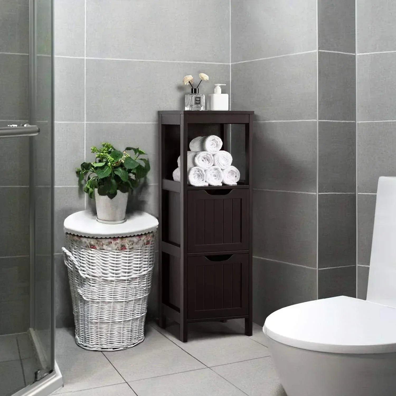 Bathroom Floor Cabinet Wooden Storage Cabinet with 2 Drawers Multifunctional Side Organizer Rack wourant