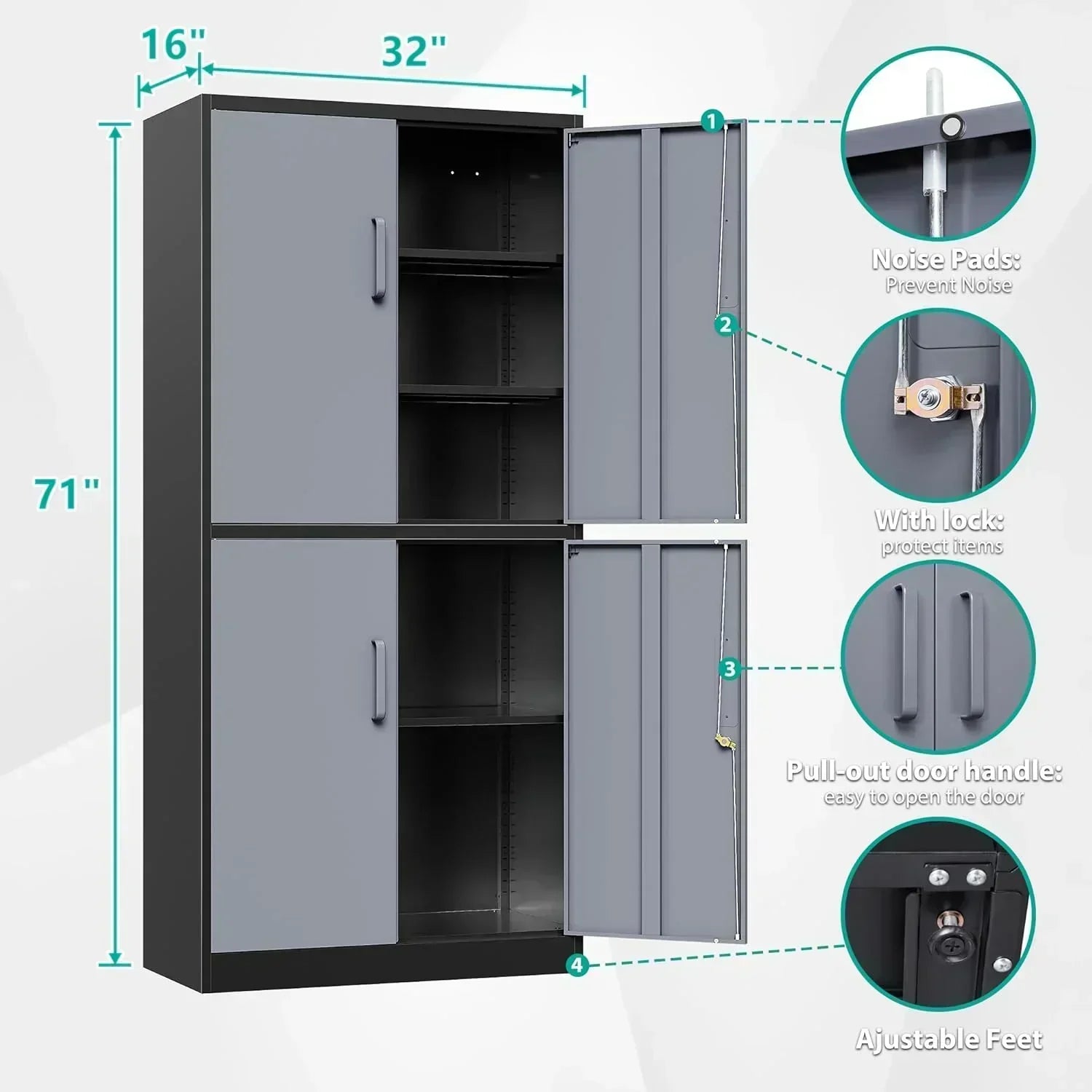 Metal Storage Cabinet with 2 Doors and 6 Shelves Black Metal Cabinet Garage Storage Cabinet wourant