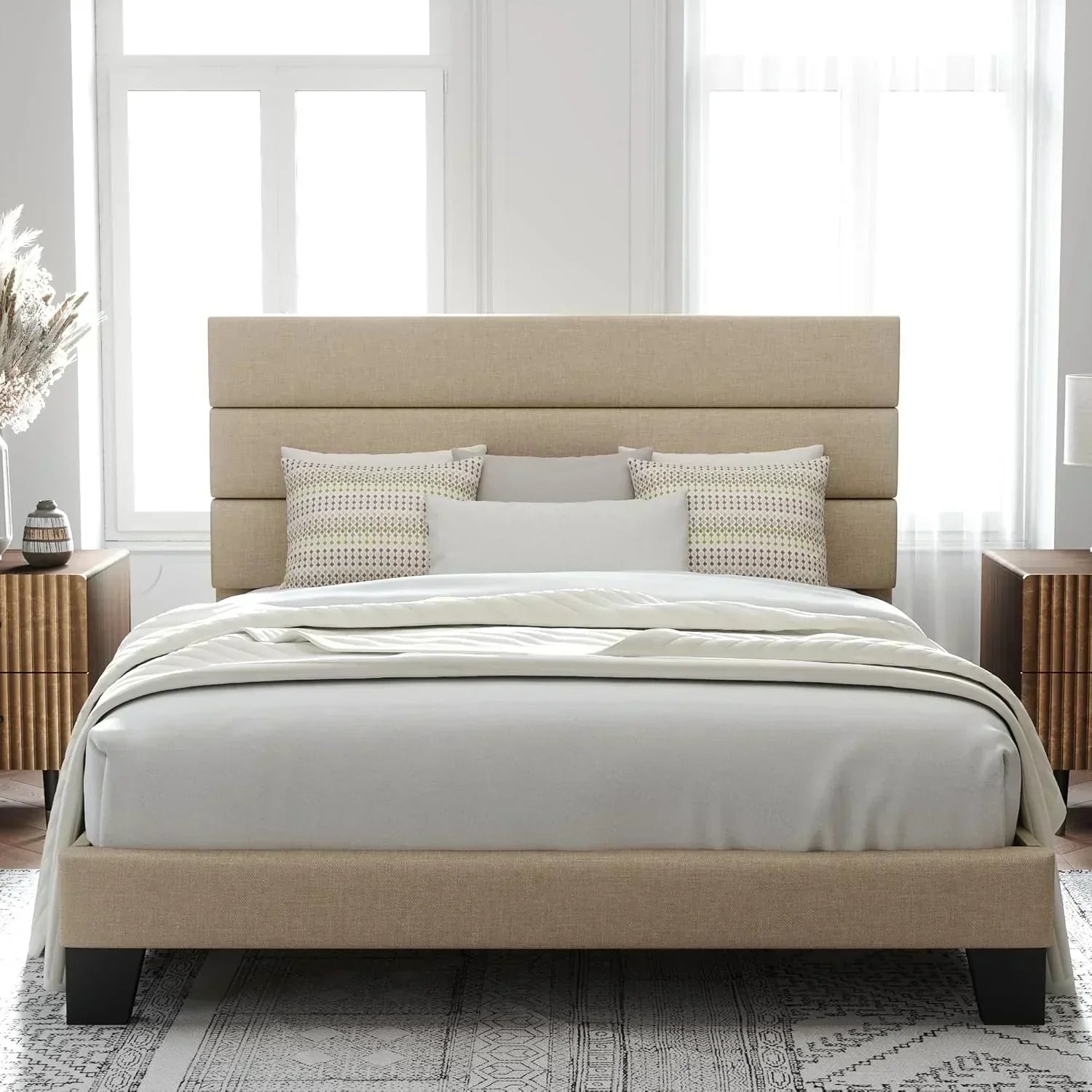 Allewie King size platform bed frame with velvet upholstered headboard and planks wourant