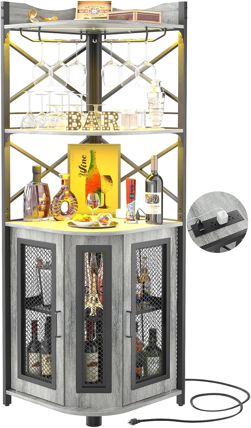 Corner bar cabinet with power socket industrial style wine cabinet light strip and glass rack wourant