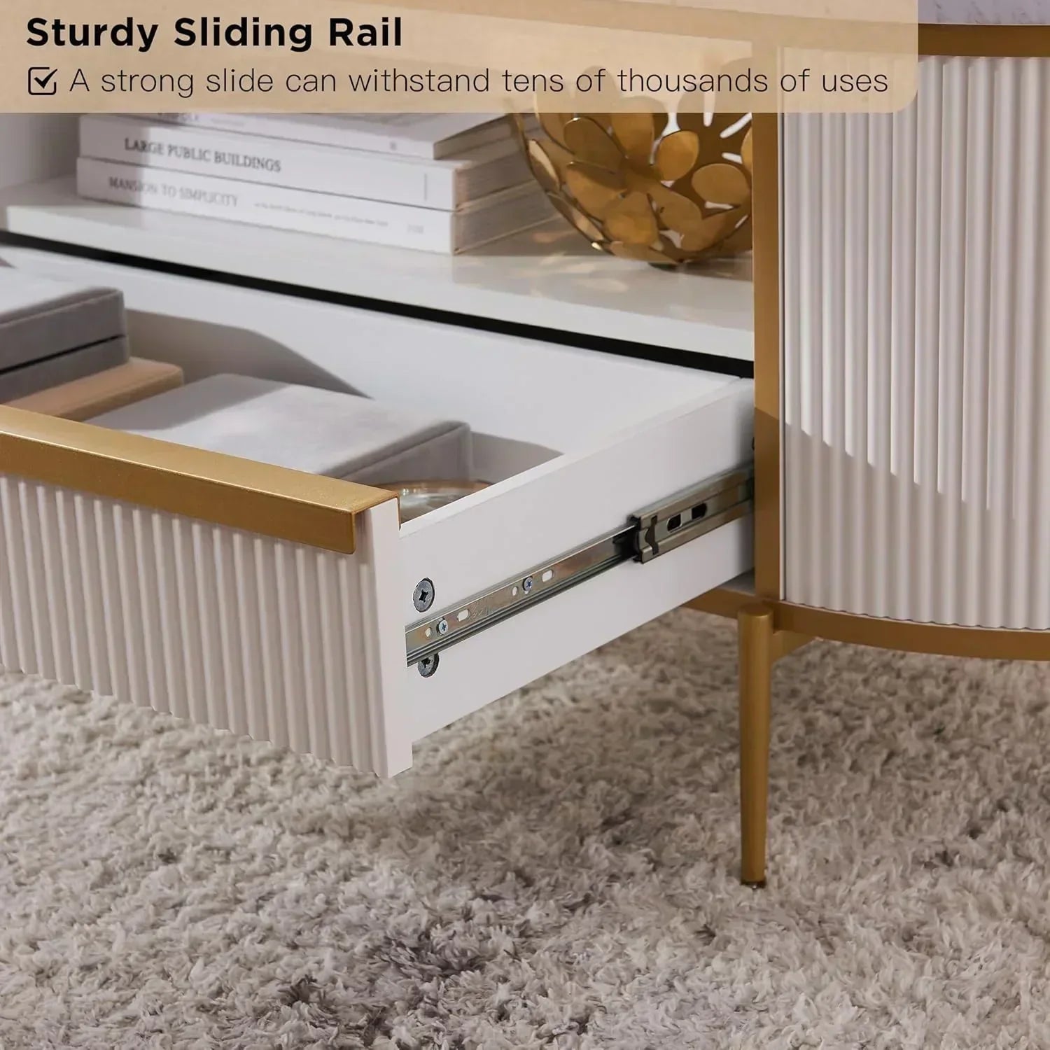 OKD Modern Luxury Grooved Coffee Table 48 Inch Oval Coffee Table Drawers Imitation Marble Top wourant