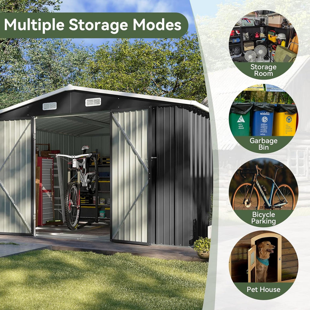 Aoxun 12x10 FT Shed Metal Outdoor Waterproof Storage Shed Steel Utility Garden Tool Shed wourant