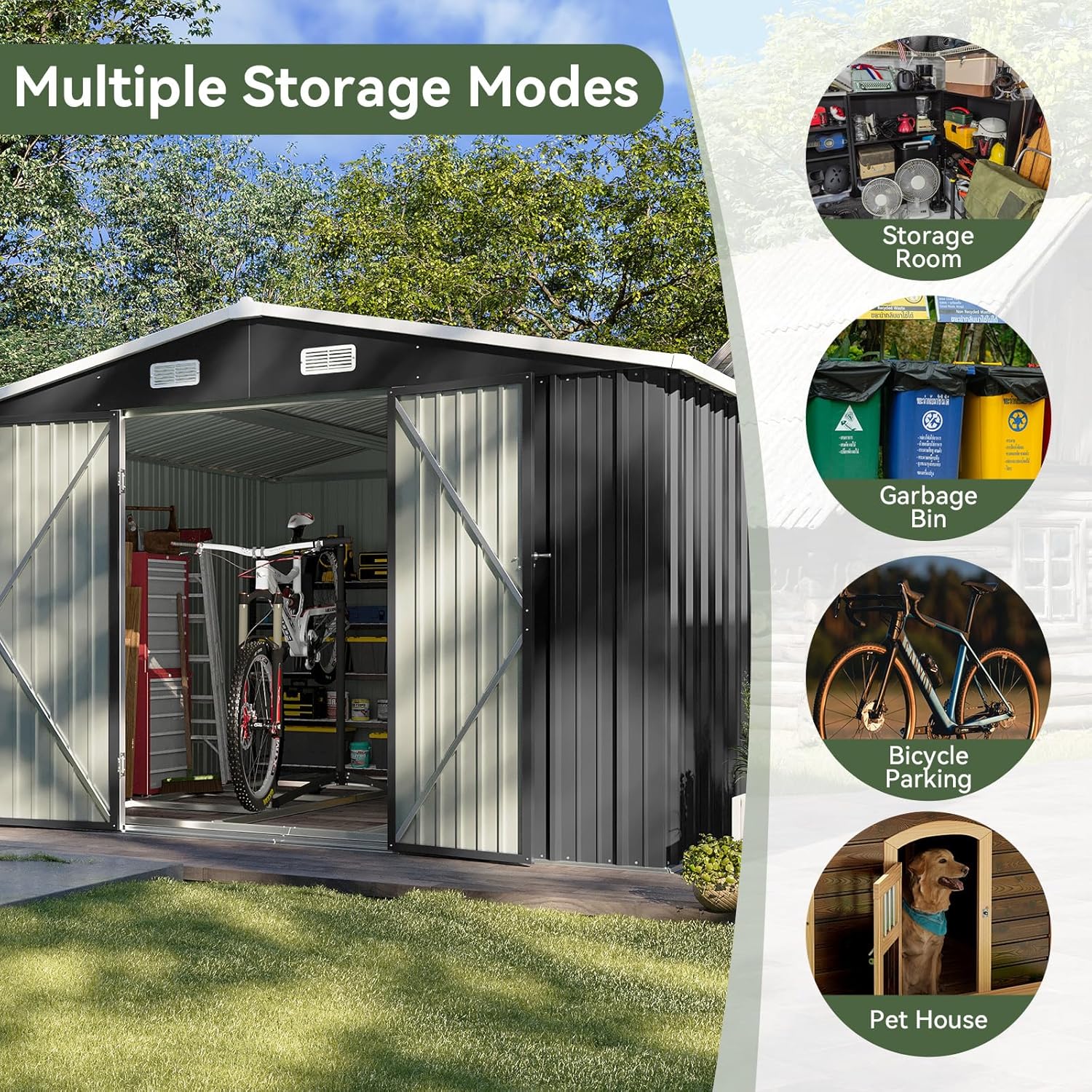 Aoxun 12x10 FT Shed Metal Outdoor Waterproof Storage Shed Steel Utility Garden Tool Shed wourant
