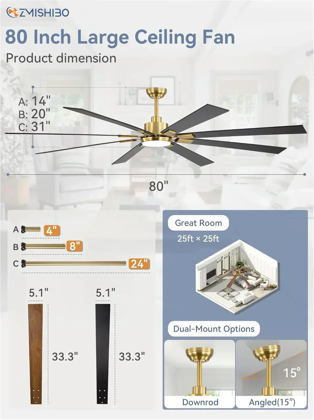 Zmishibo 72-inch large ceiling fan with lighting and remote indoor/outdoor wourant