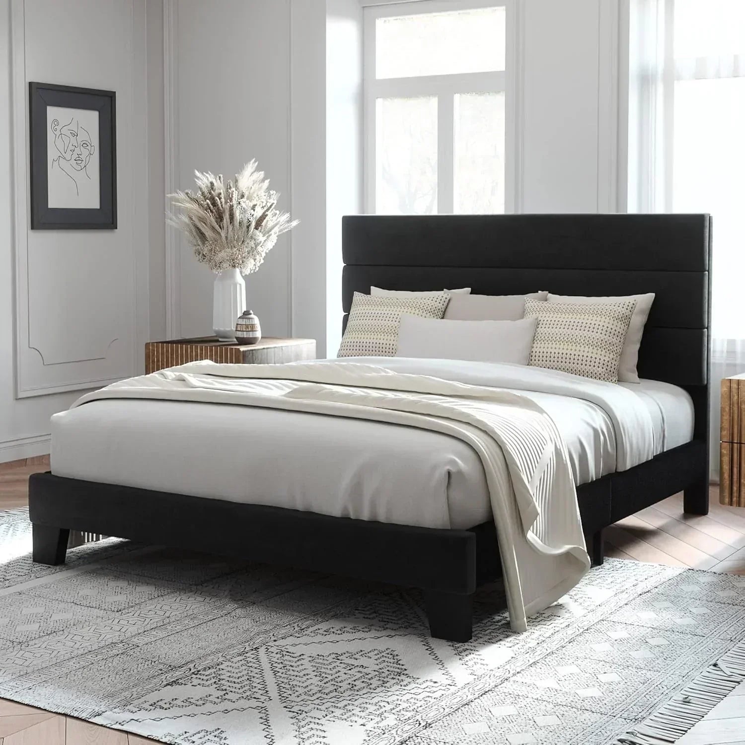 Allewie Queen Size Platform Bed Frame with Fabric Upholstered Headboard Wooden Slats Support wourant