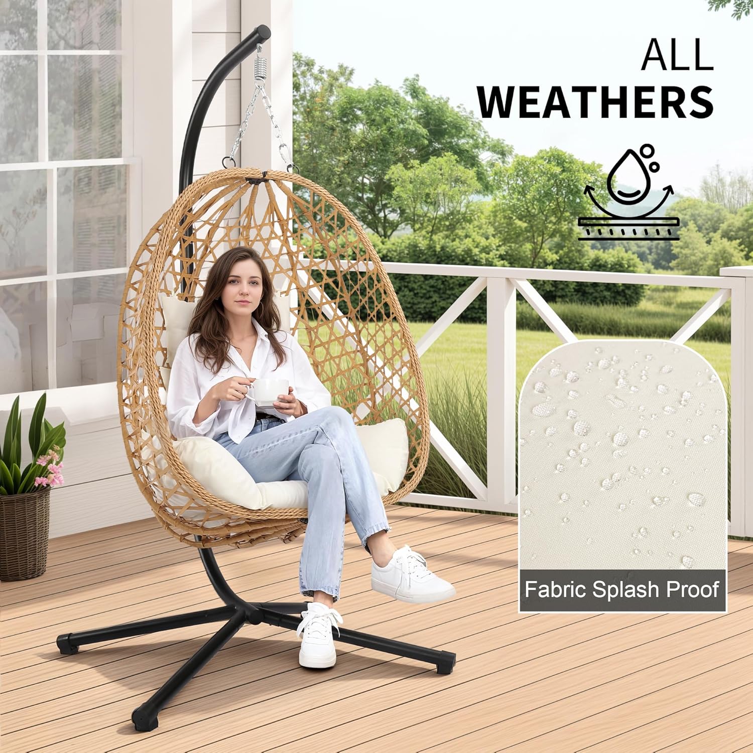 Egg Chair with Stand Patio Wicker Hanging Chair Hammock Swing Chair 350LBS Capacity for Bedroom wourant