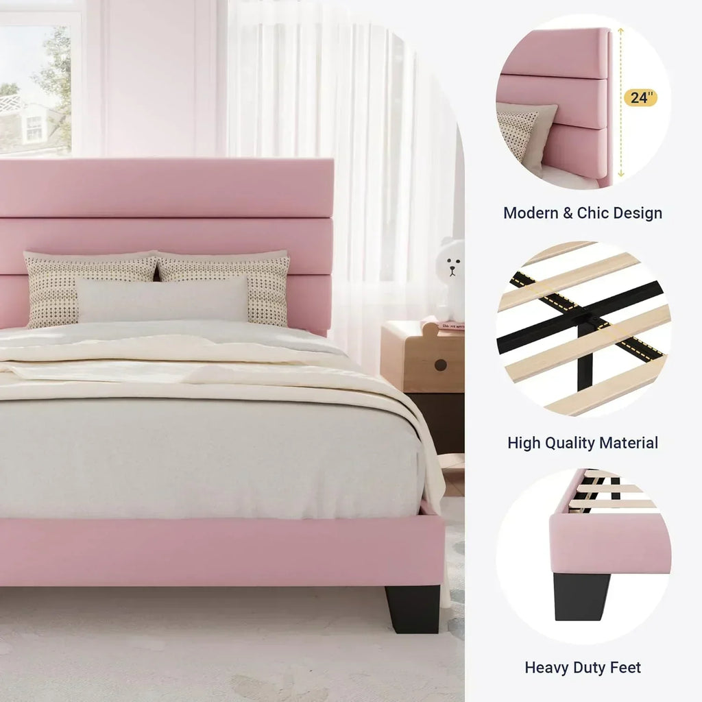 Allewie King size platform bed frame with velvet upholstered headboard and planks wourant
