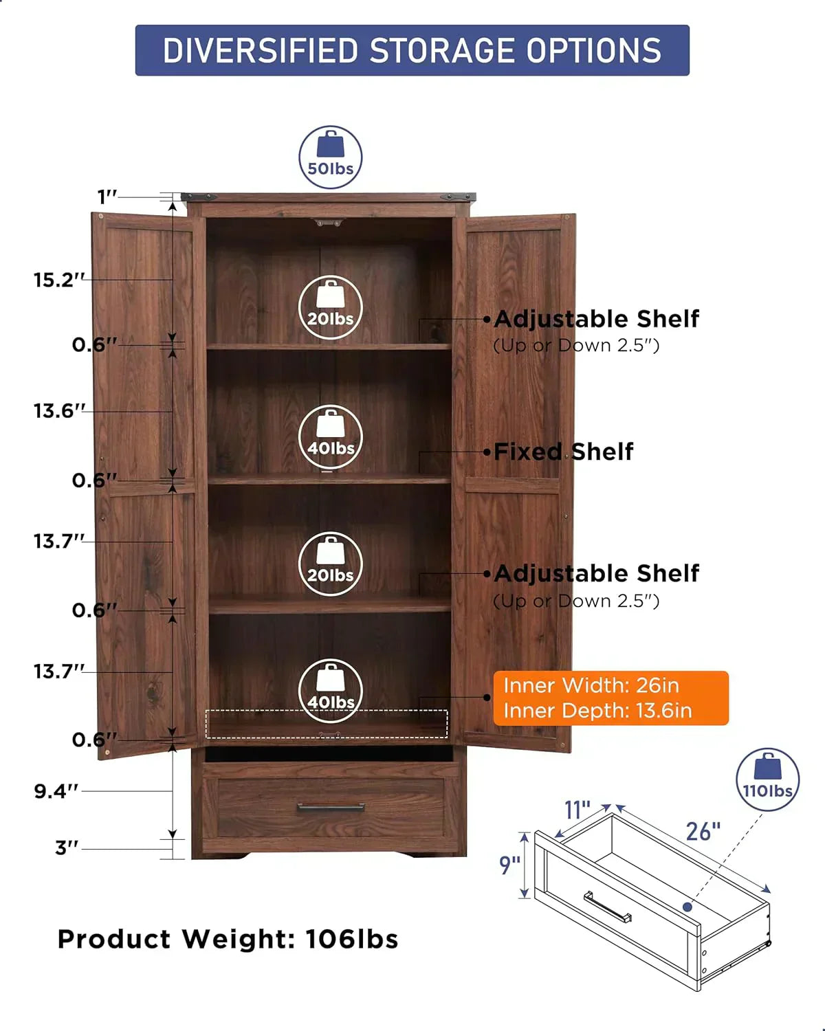 JXQTLINGMU Farmhouse Kitchen Pantry 72" Tall Wood Kitchen Storage Cabinet Adjustable Shelves wourant