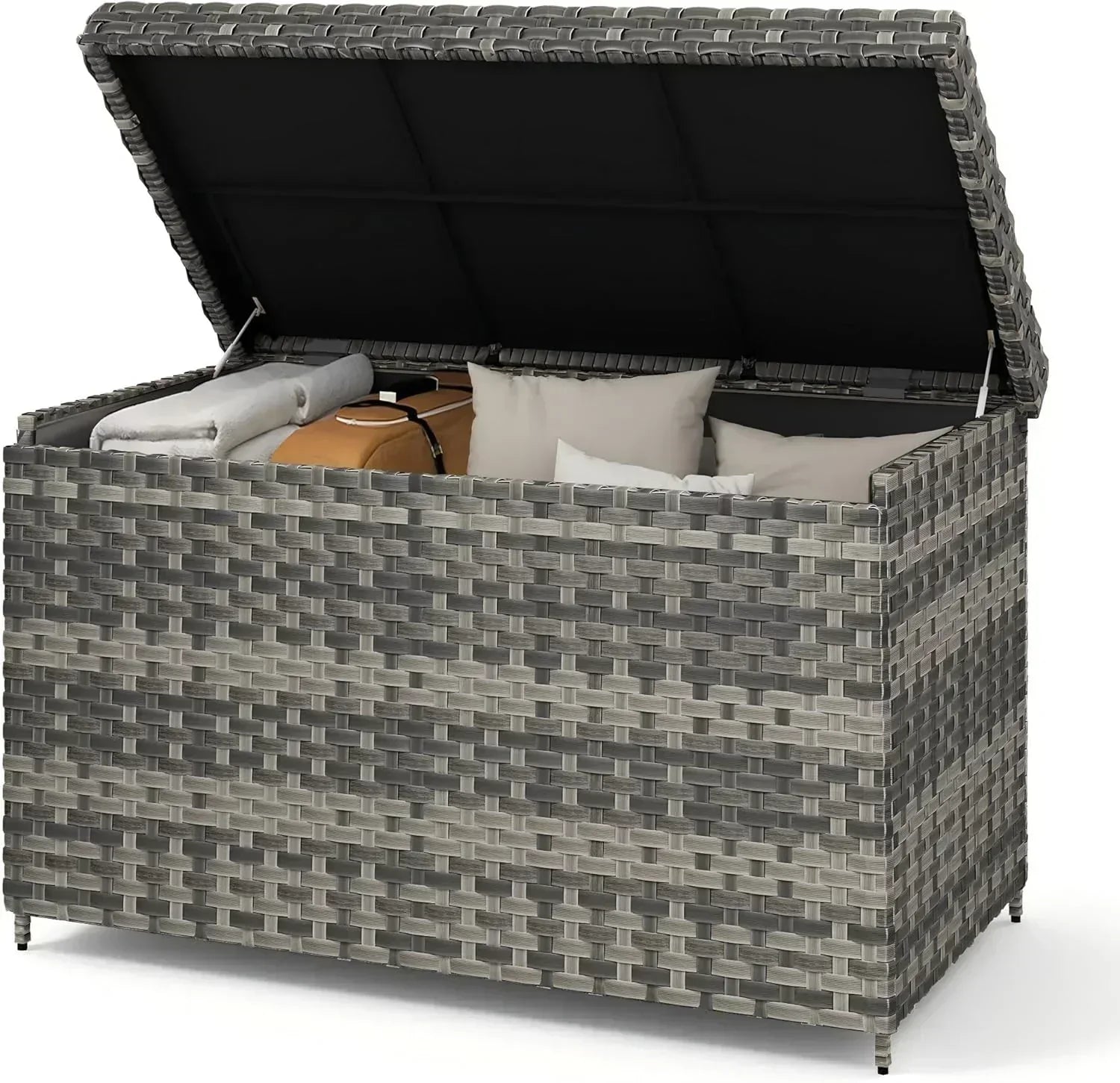 DWVO 70Gal Outdoor Storage Bench with Cushion Composite Wood Backrest Wicker Deck Bench wourant