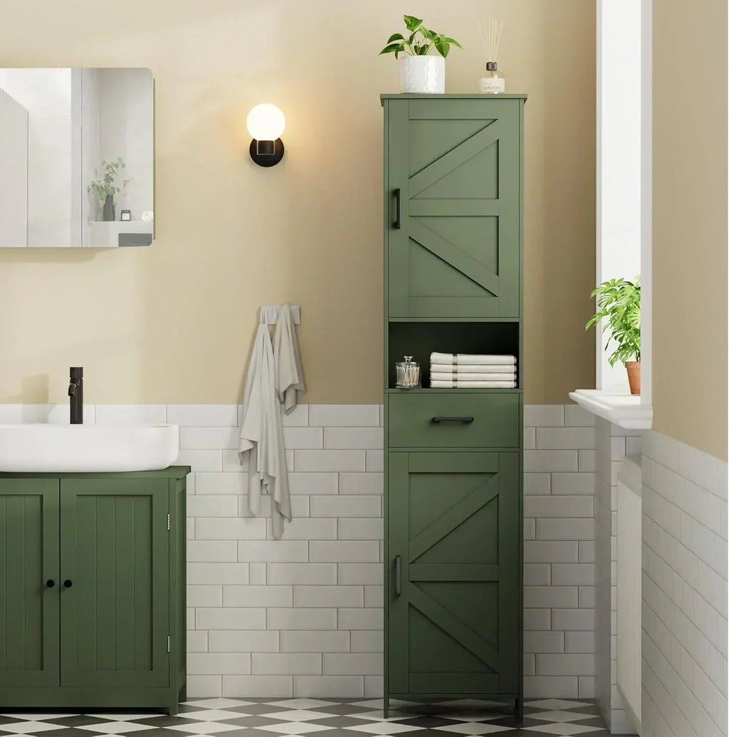 Homhedy 67" H Tall Bathroom Storage Cabinet with 2 Barn Doors and 1 Drawer Narrow Storage Unit wourant