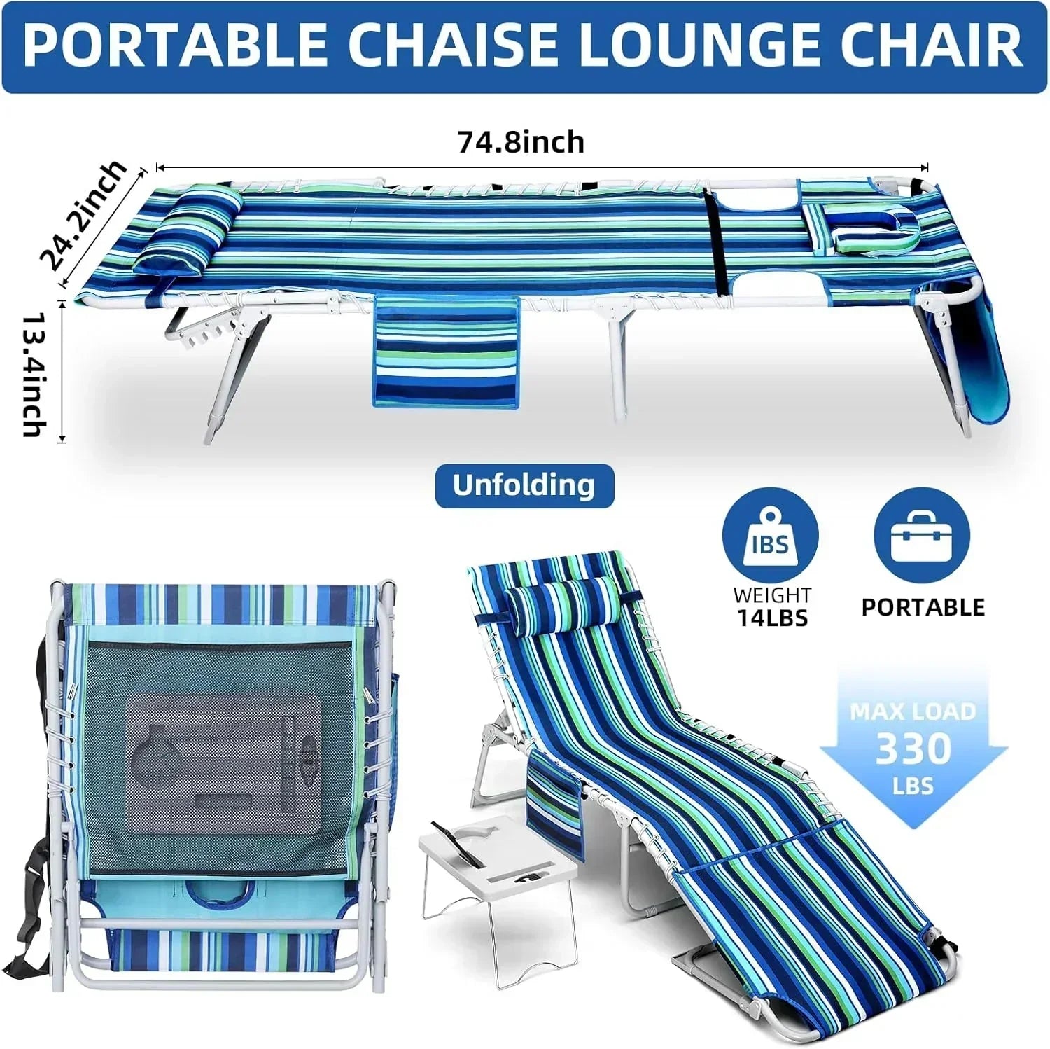 3-in-1 Beach Chair Face Holes Lounge Chair Outdoor with Folding Side Table 5-Position Recliner wourant