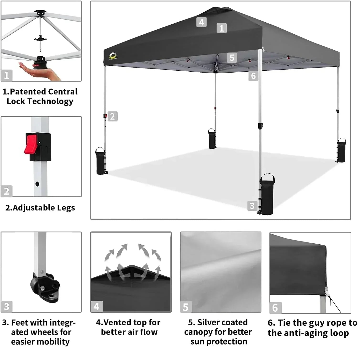 10x10 Pop-Up Awning One-Click Installation Beach Tent Outdoor Sunshade Silver Coated Top wourant