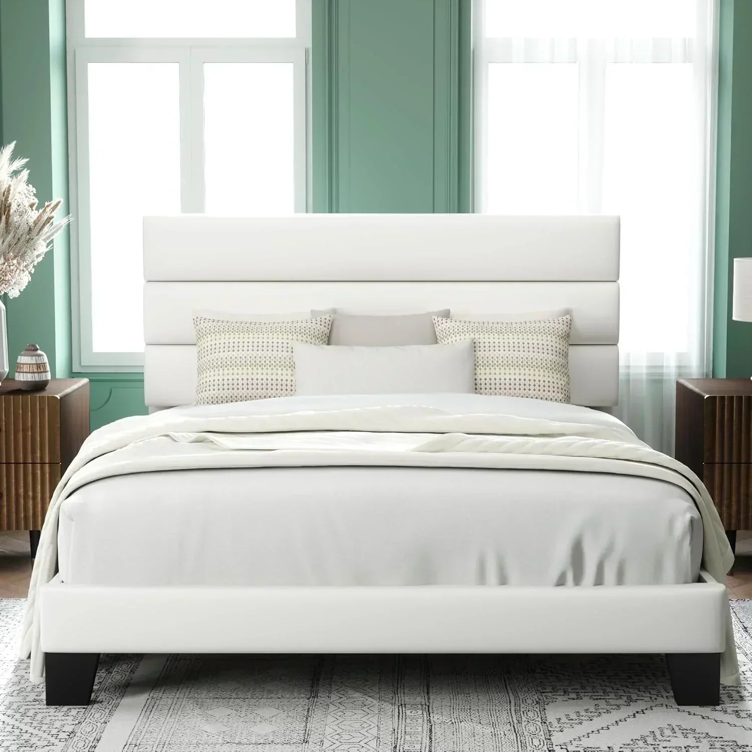 Allewie Queen Size Platform Bed Frame with Fabric Upholstered Headboard Wooden Slats Support wourant