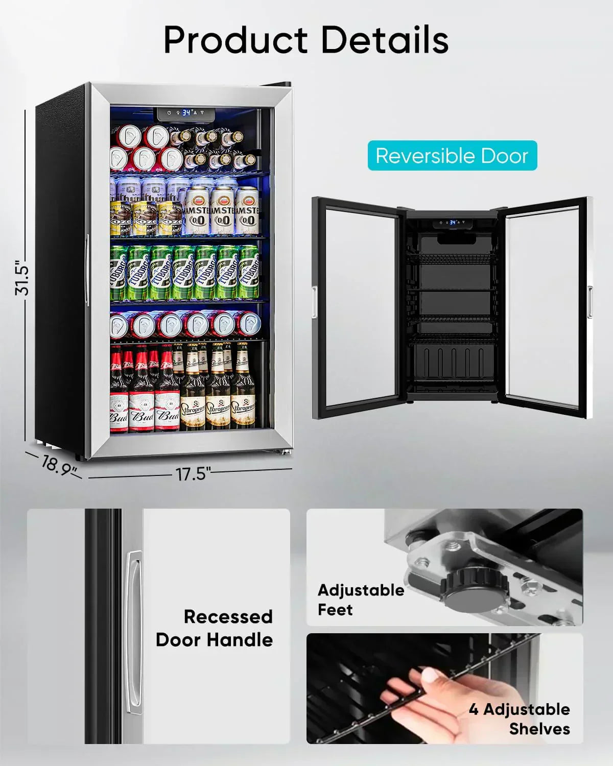 Beverage Refrigerator Cooler 126 Can Mini Fridge Glass Door for Drinks Soda Beer Wine Refrigerator wourant