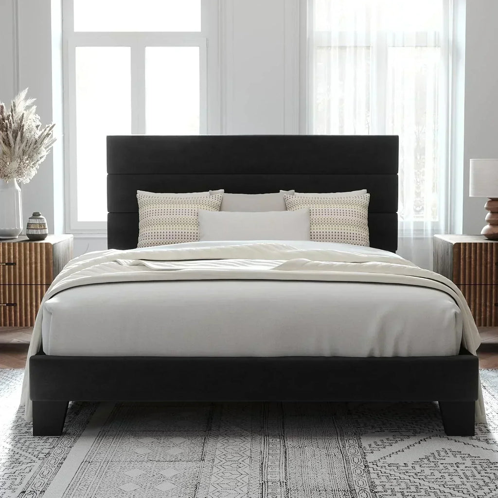 Allewie Queen Size Platform Bed Frame with Fabric Upholstered Headboard Wooden Slats Support wourant