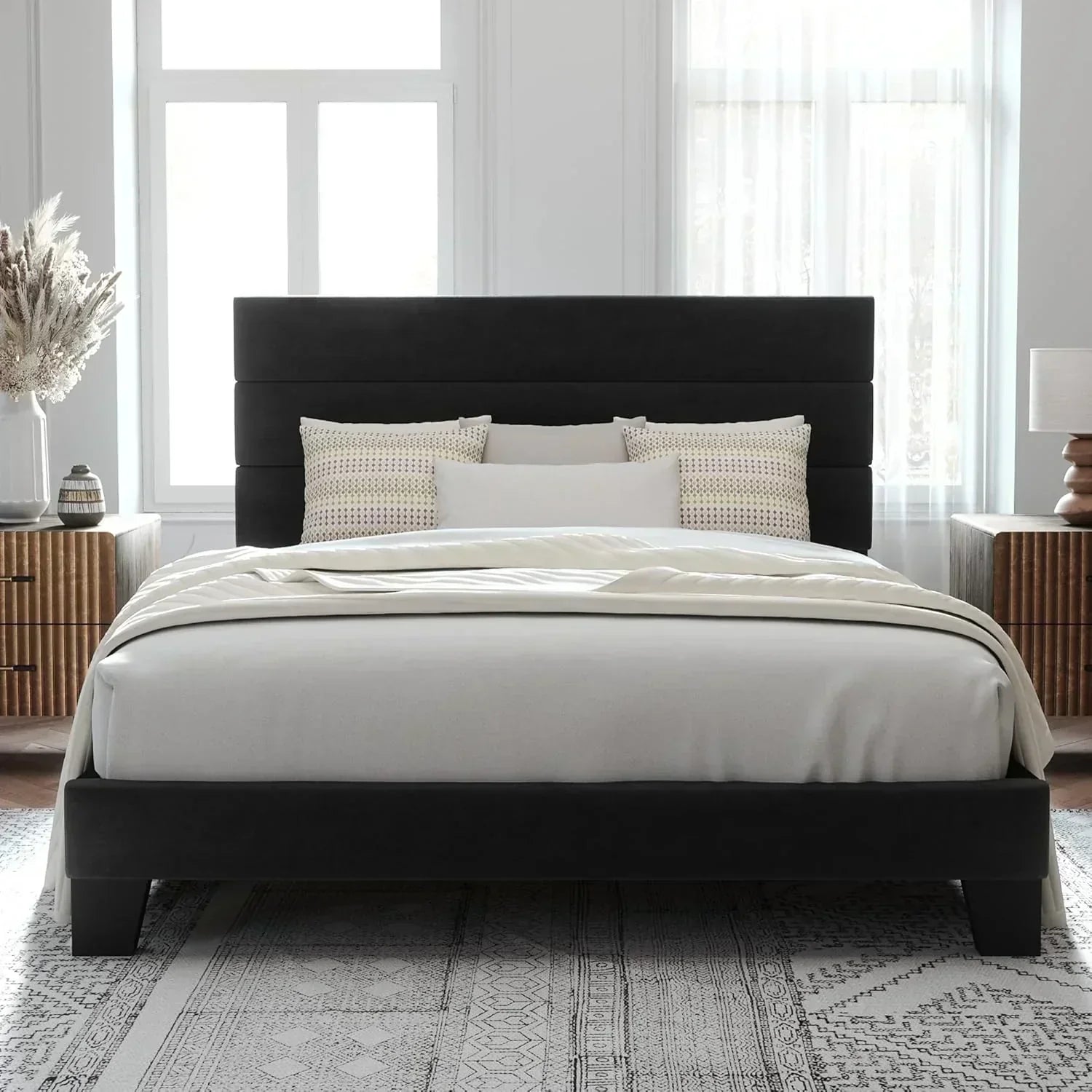 Allewie Queen Size Platform Bed Frame with Fabric Upholstered Headboard Wooden Slats Support wourant
