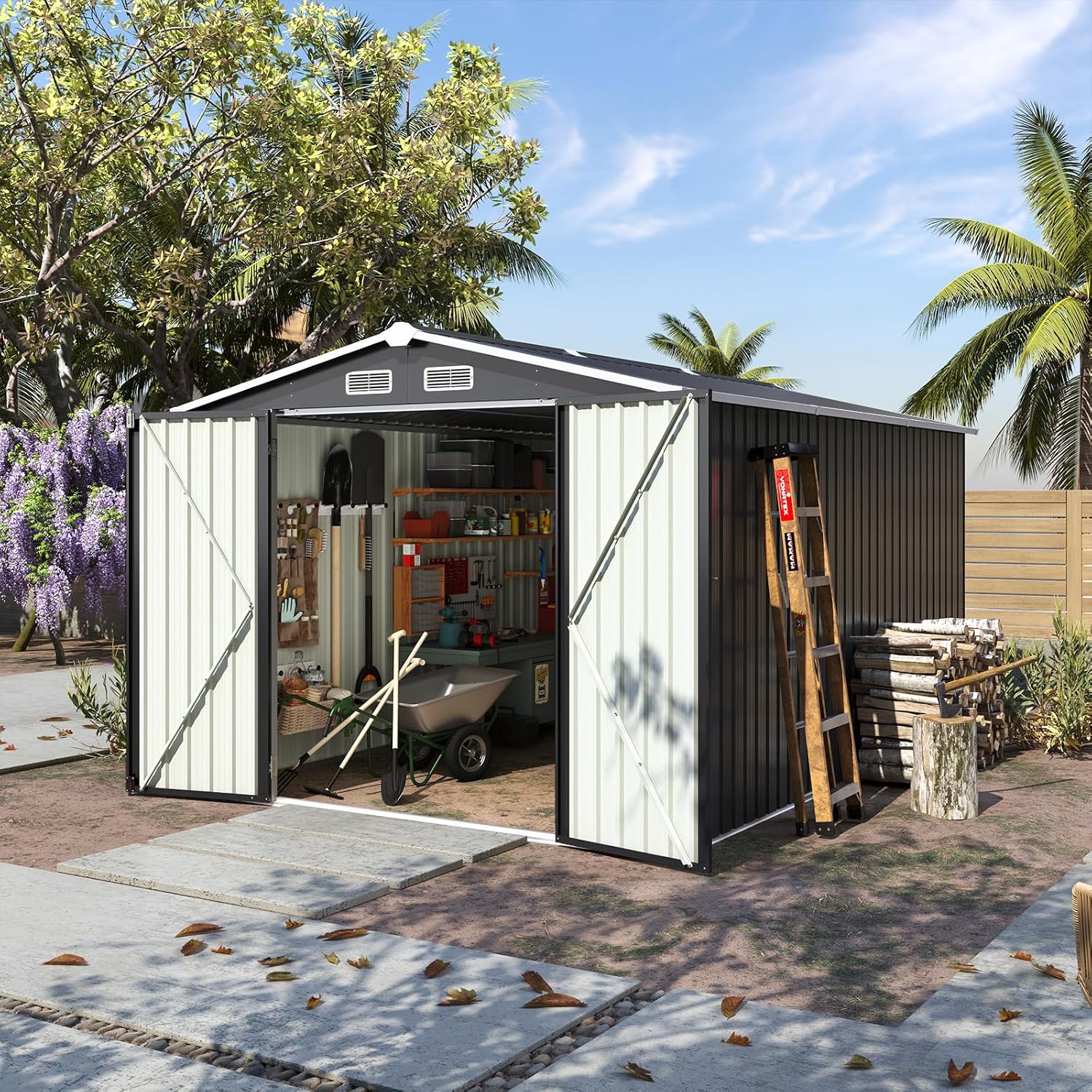 Aoxun 12x10 FT Shed Metal Outdoor Waterproof Storage Shed Steel Utility Garden Tool Shed wourant