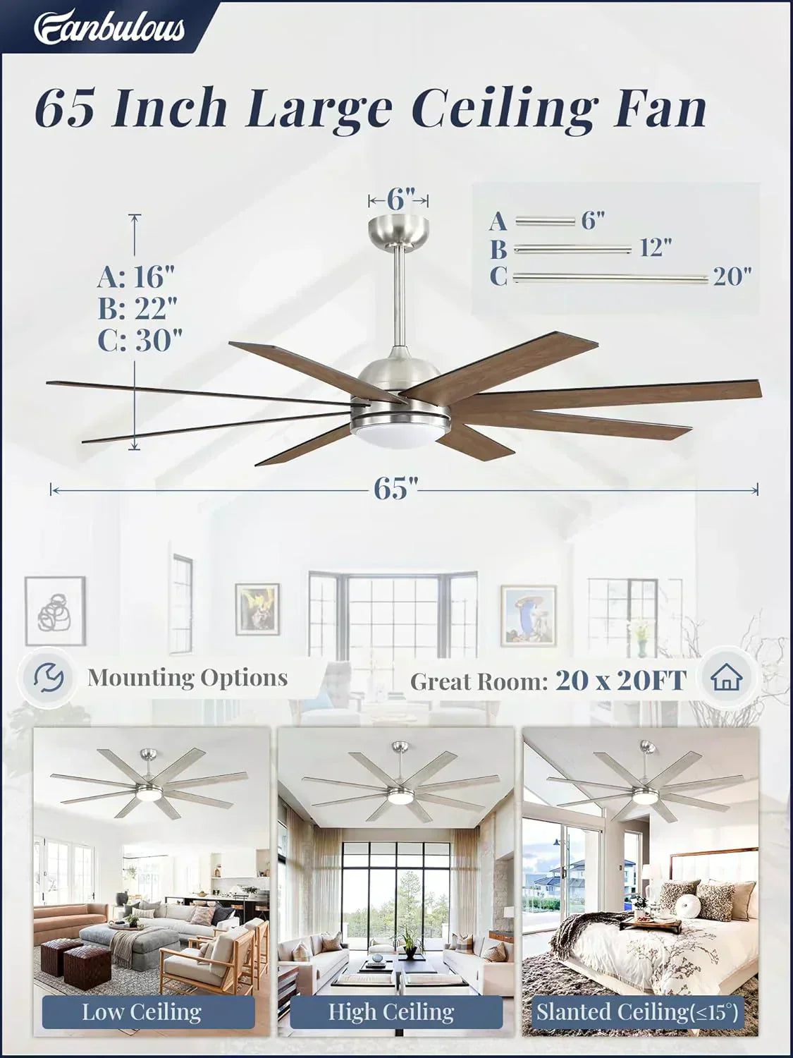 Ceiling Fan Indoor/Outdoor 8 Blades 65 inches wourant