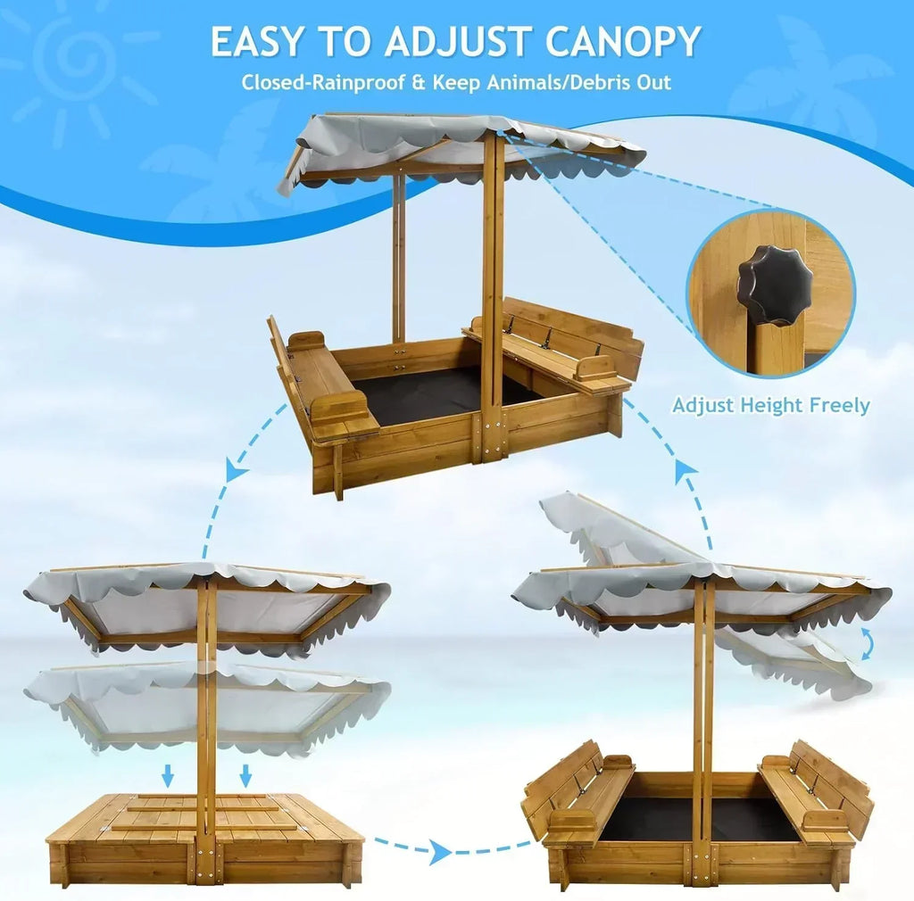 Kids Sandbox with Lid Wooden Sand Box Cover Outdoor UV-Protection Natural Wood Foldable Bench Seat wourant