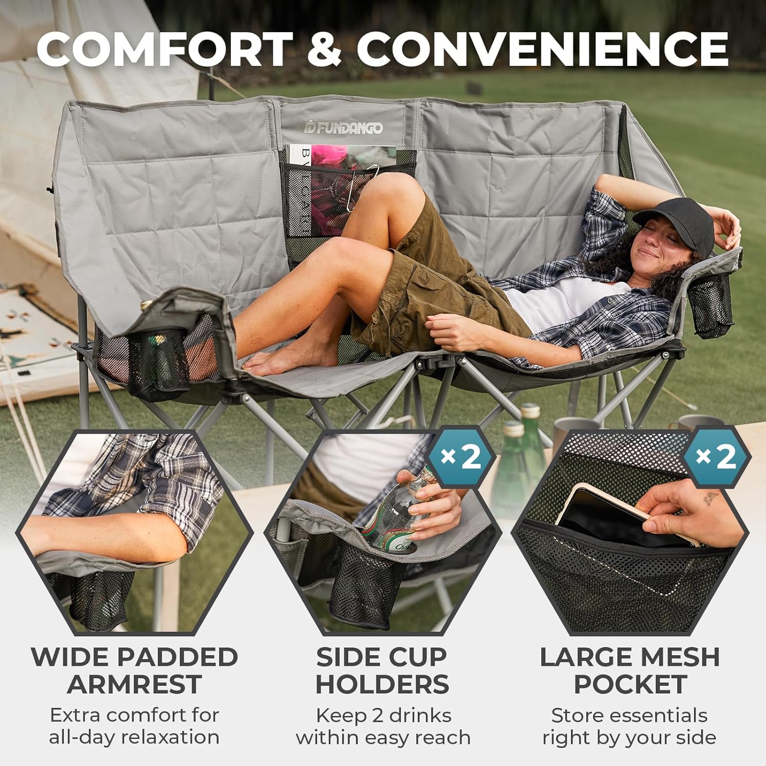 Double Camping Chair Cooler 3-Person Folding Extra Large Camping Chair 1000-Pound Capacity wourant