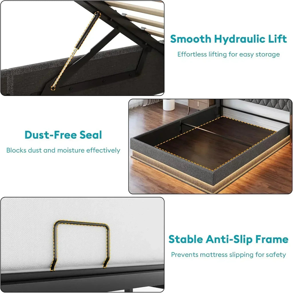 Queen Bed Frame with Storage Lift Up Queen Size Bed Frame Headboard Upholstered Platform Bed wourant