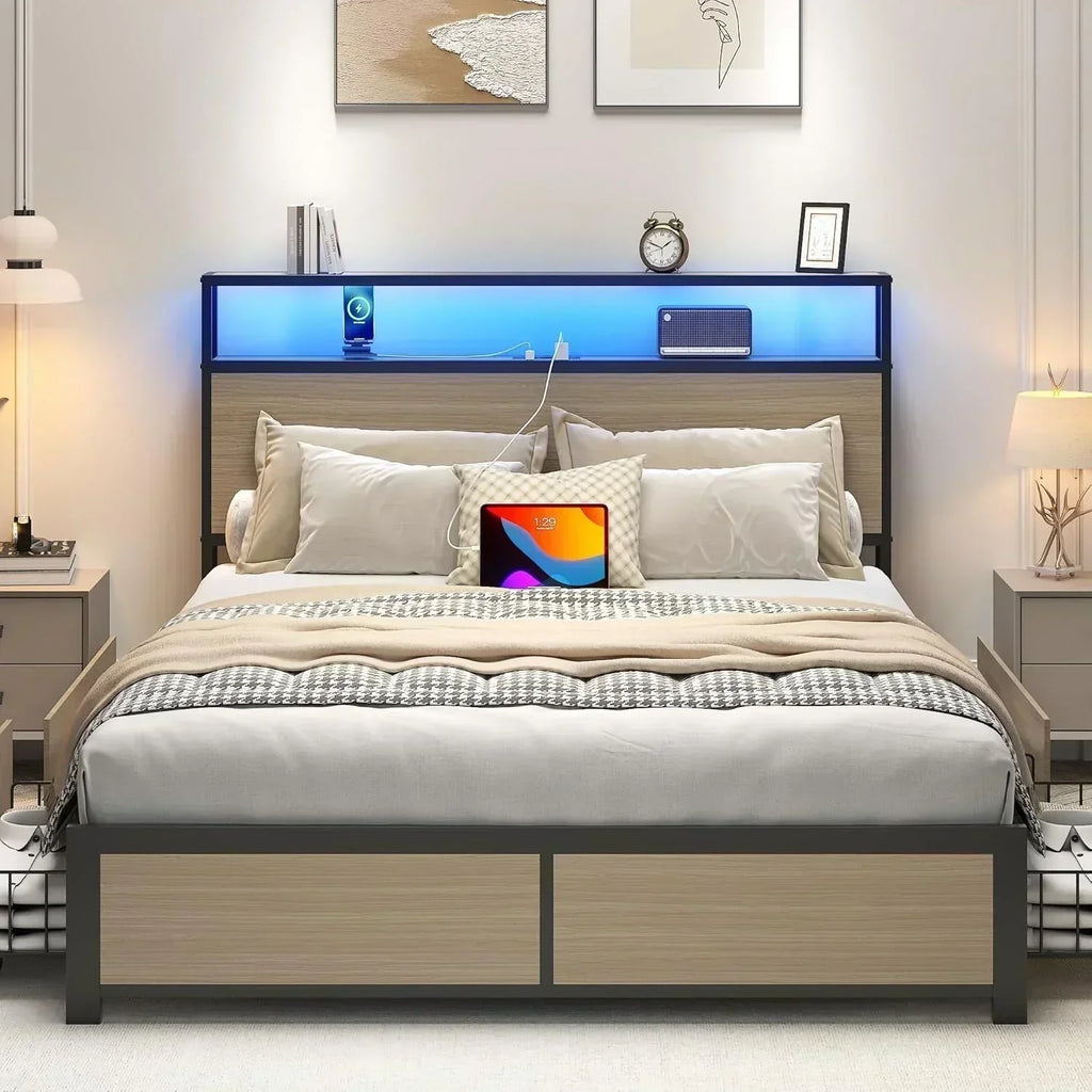 Lifezone Queen Bed Frame 2-Tier Storage Headboard Metal Platform Bed Frame 4 Storage Drawers wourant