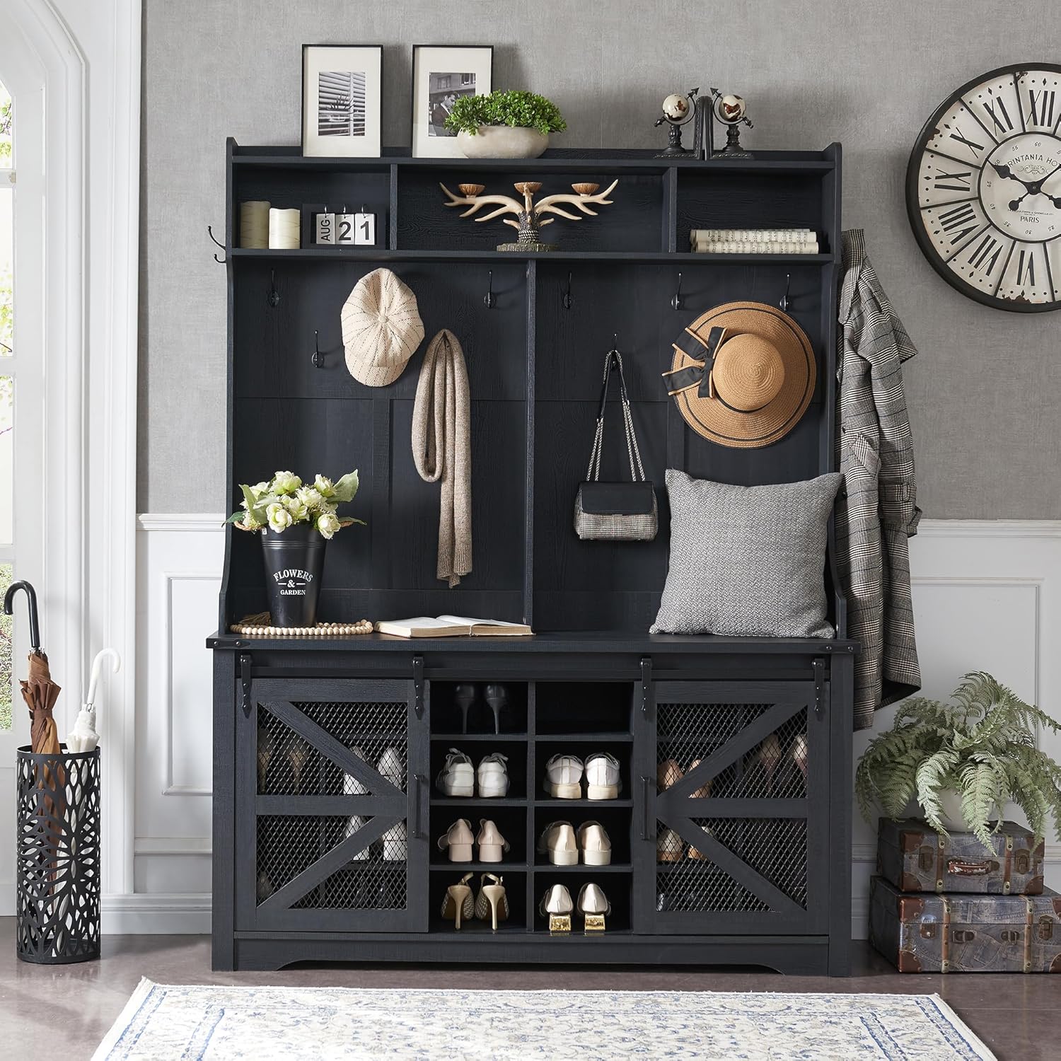 JXQTLINGMU 59-inch Farmhouse Foyer Tree Shoe Storage Entryway Bench Foyer Coat Rack Cabinet wourant