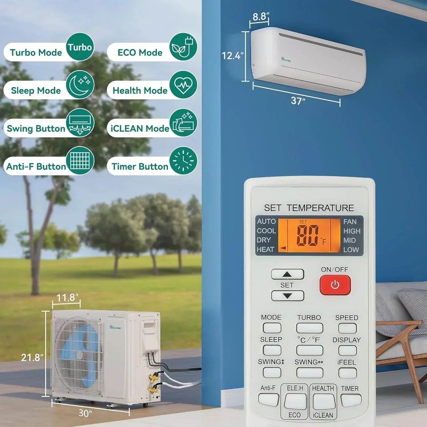12000 BTU Mini Split Air Conditioner Heat Pump System Wifi Enabled 20 SEER2 115V Inverter Ductless wourant