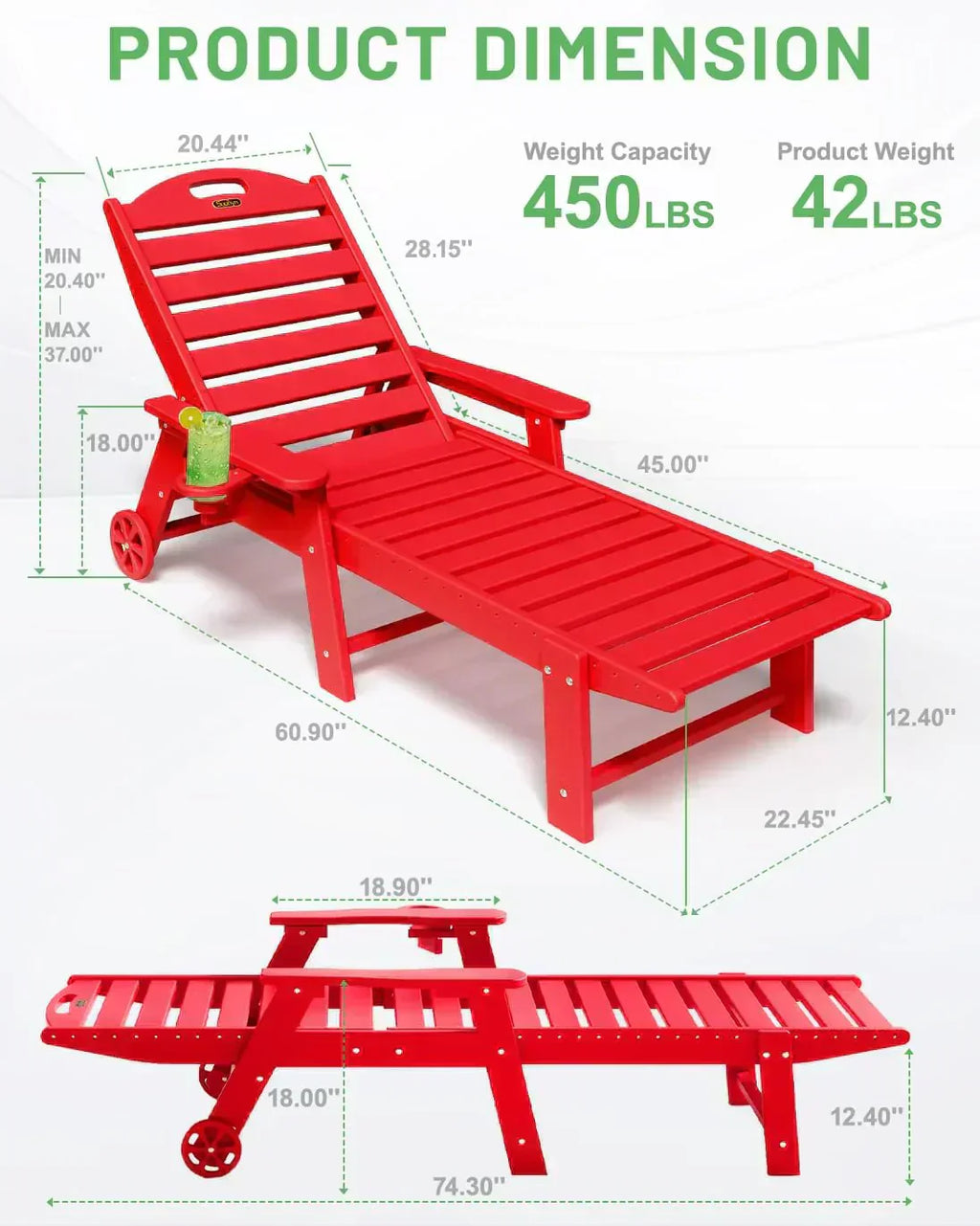 Lounge Chair Outdoor Chaise Lounge HDPE 6-Position Outdoor Chaise Lounge Patio Lounge Chair wourant