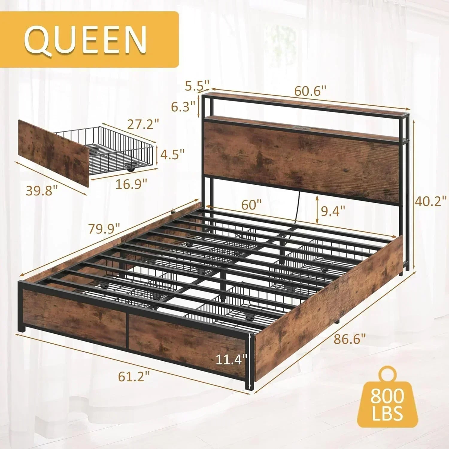 Lifezone Queen Bed Frame 2-Tier Storage Headboard Metal Platform Bed Frame 4 Storage Drawers wourant