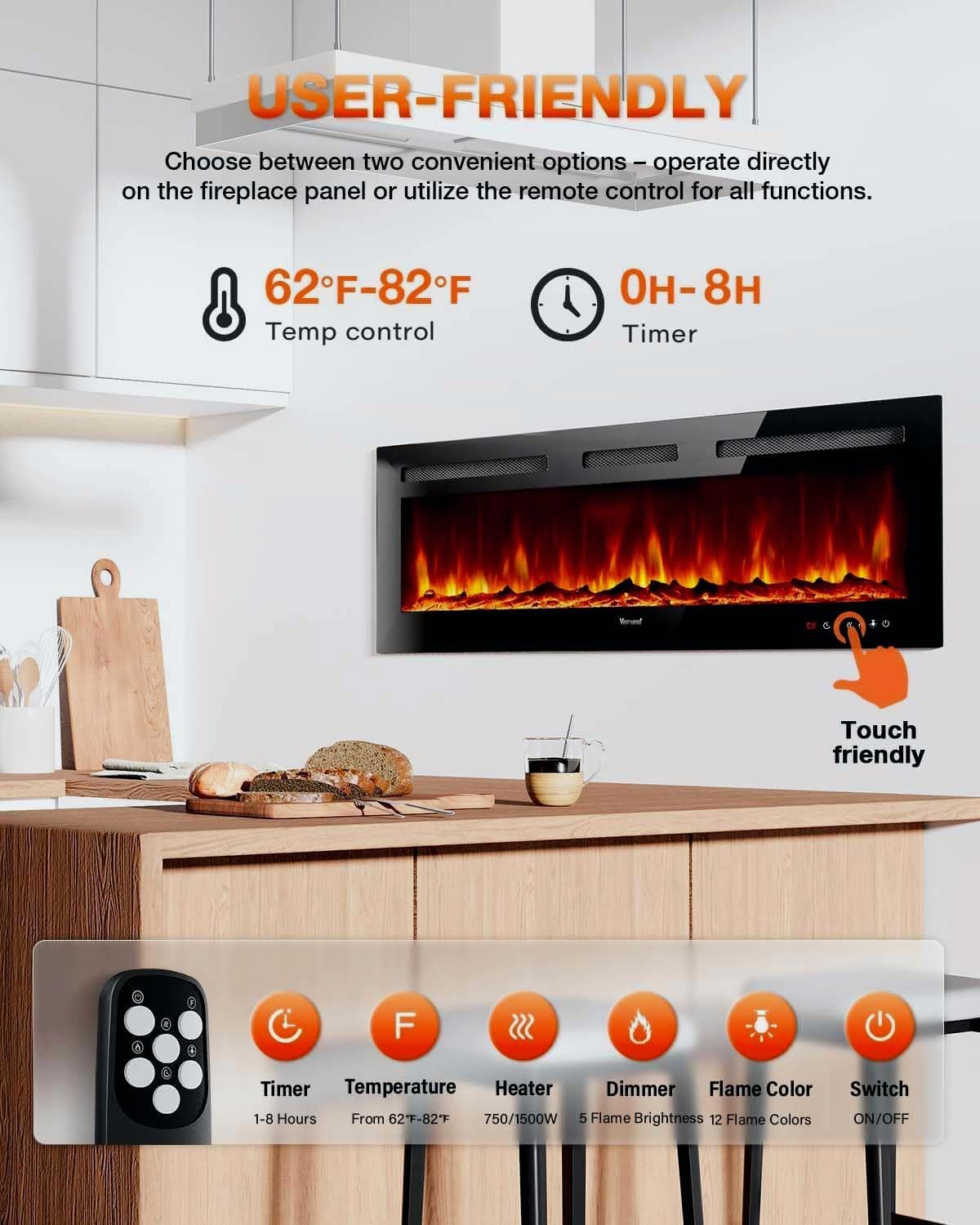 Electric Fireplace 60Inch Wall Mounted Electric Fireplace Heater with Timer Inserts TV Stand wourant