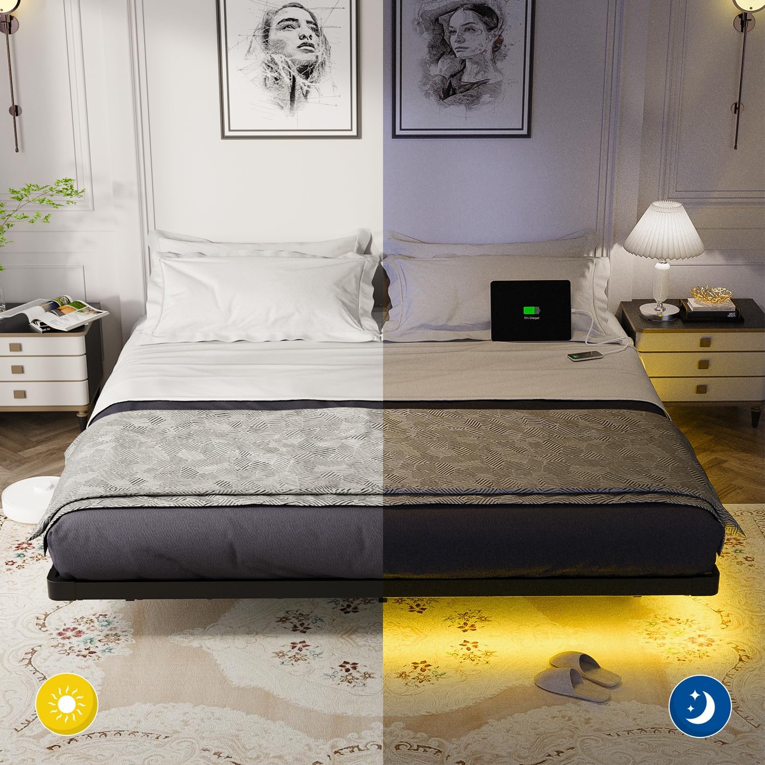 OLEVS Floating Bed Frame Queen Size with Smart LED Lights Modern Metal Platform Bed wourant