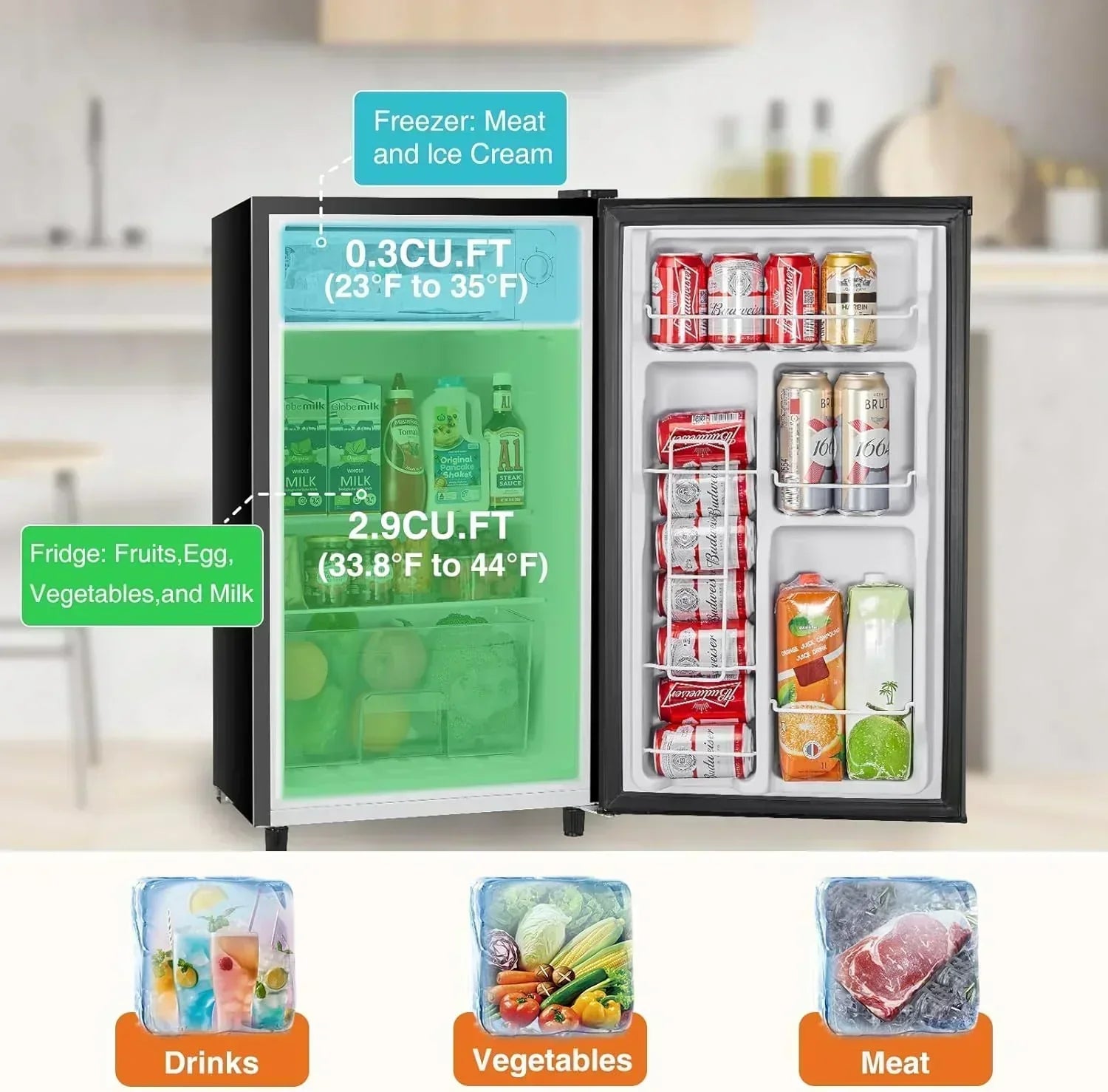 Sweetcrispy 3.2 Cu.Ft Mini Fridge Freezer Small Refrigerator Single Door Adjustable Thermostat wourant