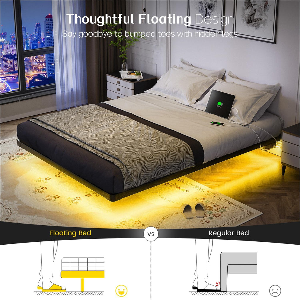 OLEVS Floating Bed Frame Queen Size with Smart LED Lights Modern Metal Platform Bed wourant