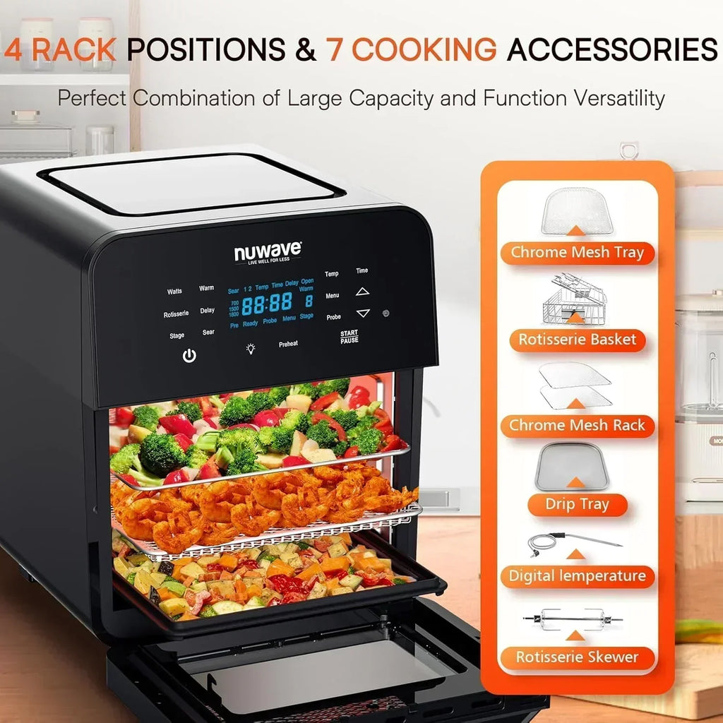 Nuwave Brio 15.5Qt Air Fryer Oven quickly reheats bakes and dehydrates food wourant
